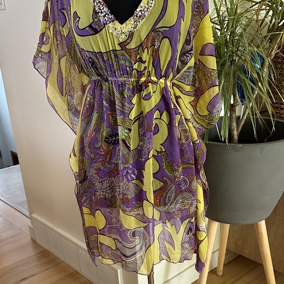 Folia Swim Sheer Beach Cover-Up Yellow and Purple Dress with Sequin Detail - Med - Picture 3 of 10